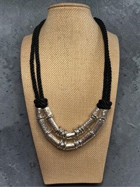 Chico's Black Rope Hammered Silver Tone Double Strand Statement Necklace